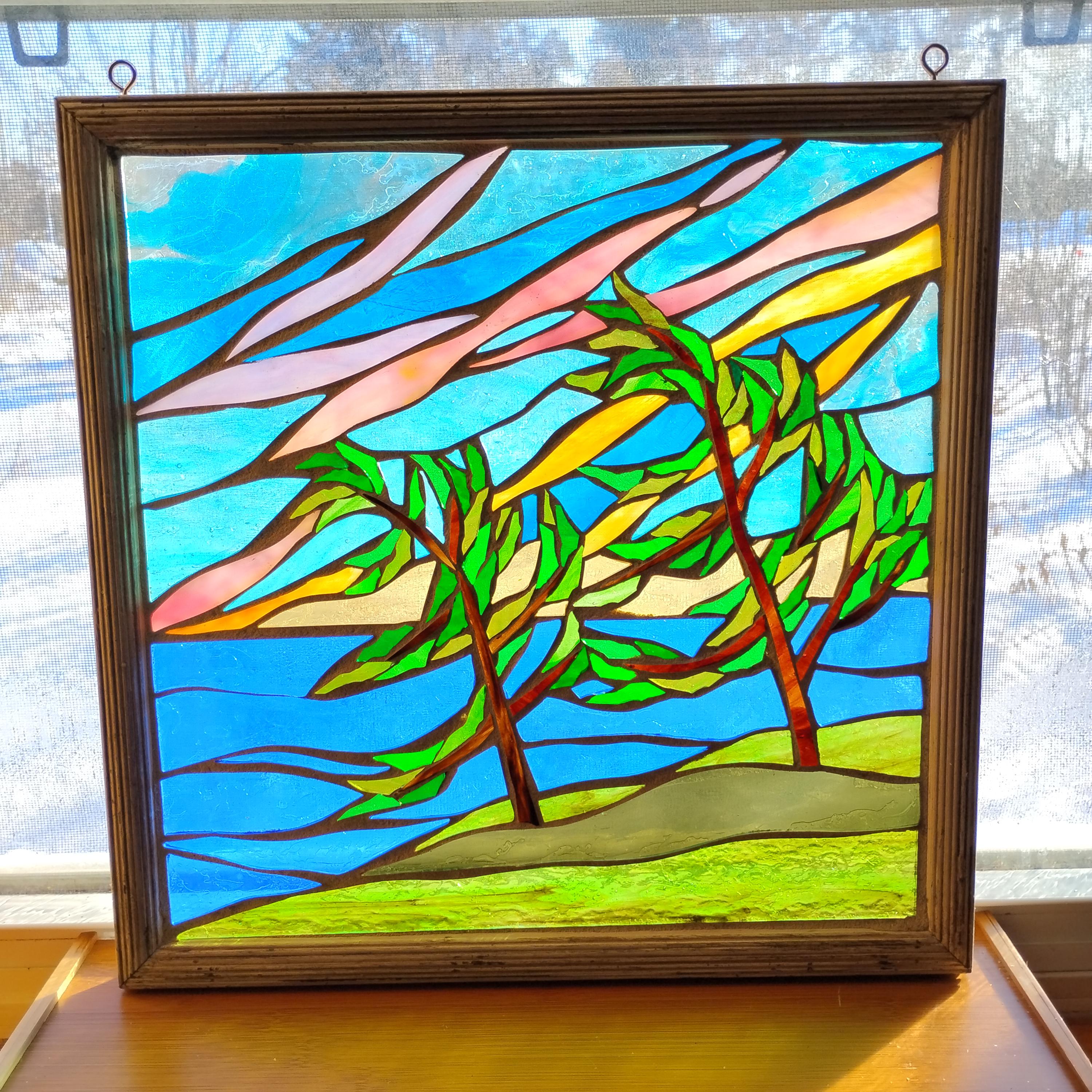 Windswept Trees by Lake Stained Glass Mosaic: Artwork for Hanging
