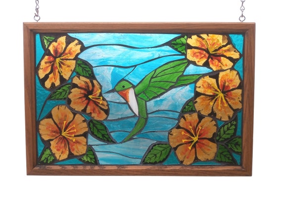 Ruby-Throated Hummingbird Stained Glass Mosaic Panel for Hanging in Window, Humming Bird with Hibiscus Flowers, Artwork for Gardener