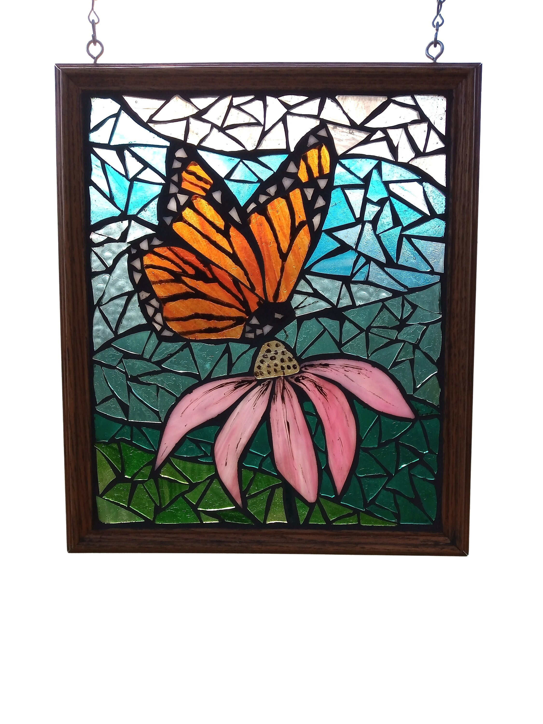 Monarch Stained Glass Mosaic Panel for Hanging in Window Orange