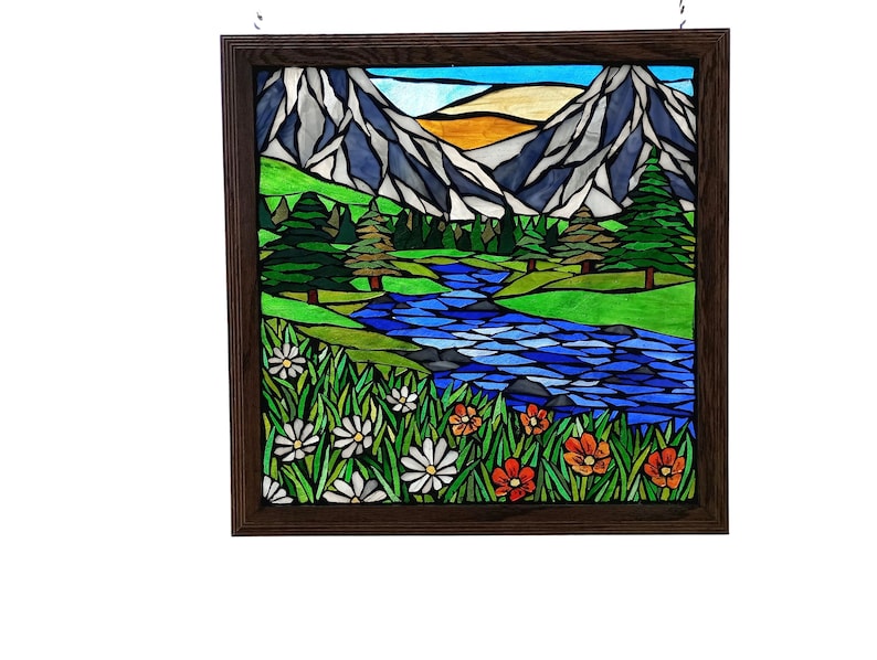 Mountain Meadow Stained Glass Mosaic Panel for Hanging in a Window, Landscape with Evergreens, daisies and orange wildflowers and a stream image 1