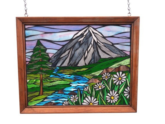 Stained Glass Mountain Meadow  Mosaic Panel for Hanging in a Window, Landscape with Evergreens and Daisies and a Winding Stream