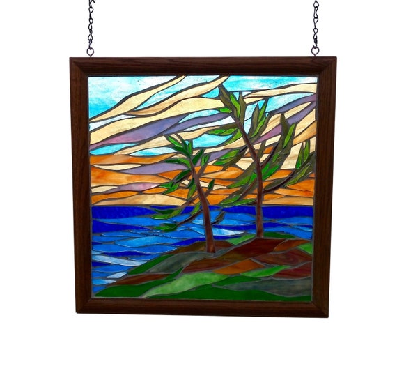 Northern Pines Stained Glass Mosaic Panel, Rugged Landscape of Lake with Windswept Pines and Colourful Sunrise Sky