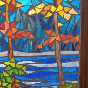 Stained Glass Mosaic Panel Autumn Landscape by River, Artwork for Hanging in a Window, Woodland Trees with Colourful Foliage image 3