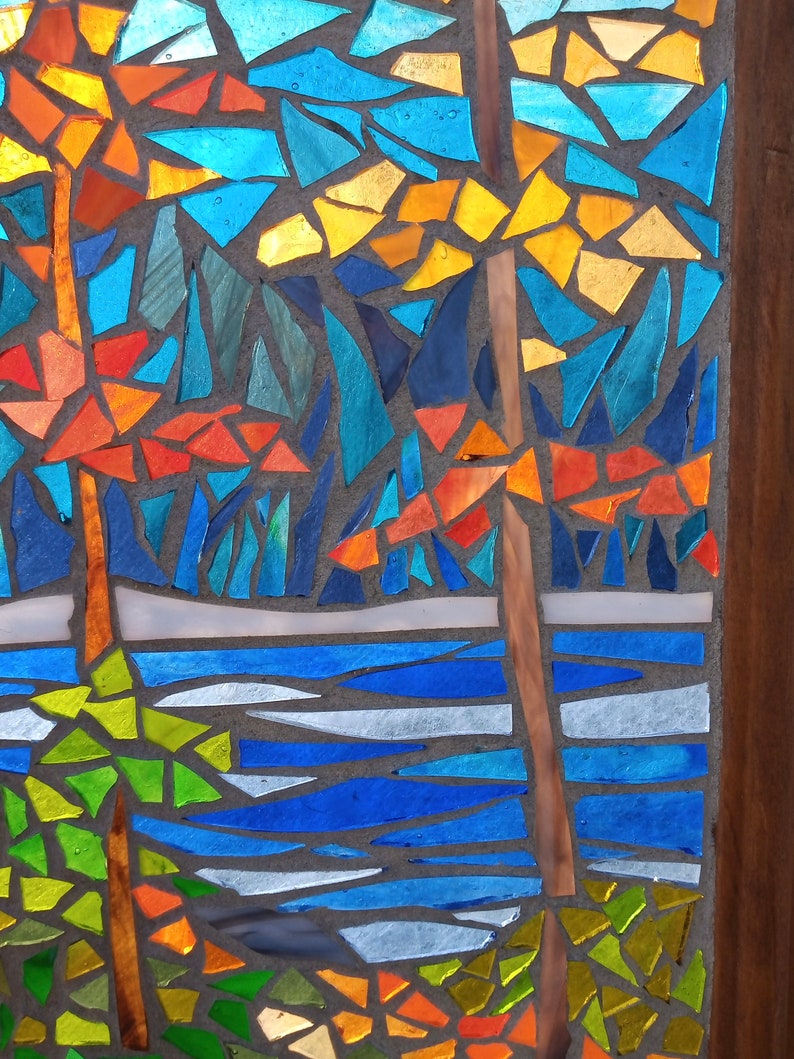 Stained Glass Mosaic Panel Autumn Landscape by River, Artwork for Hanging in a Window, Woodland Trees with Colourful Foliage image 3