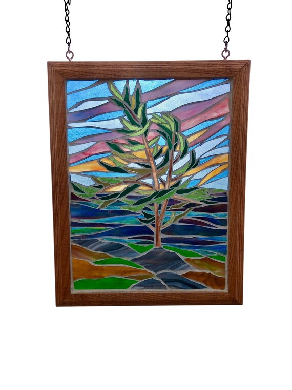 Northern Pine Stained Glass Mosaic Panel, Rugged Landscape of Lake with Windswept Evergreen Tree and Colourful Sunrise Sky