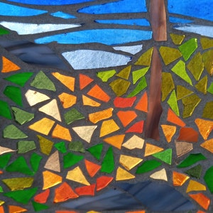 Stained Glass Mosaic Panel Autumn Landscape by River, Artwork for Hanging in a Window, Woodland Trees with Colourful Foliage image 2