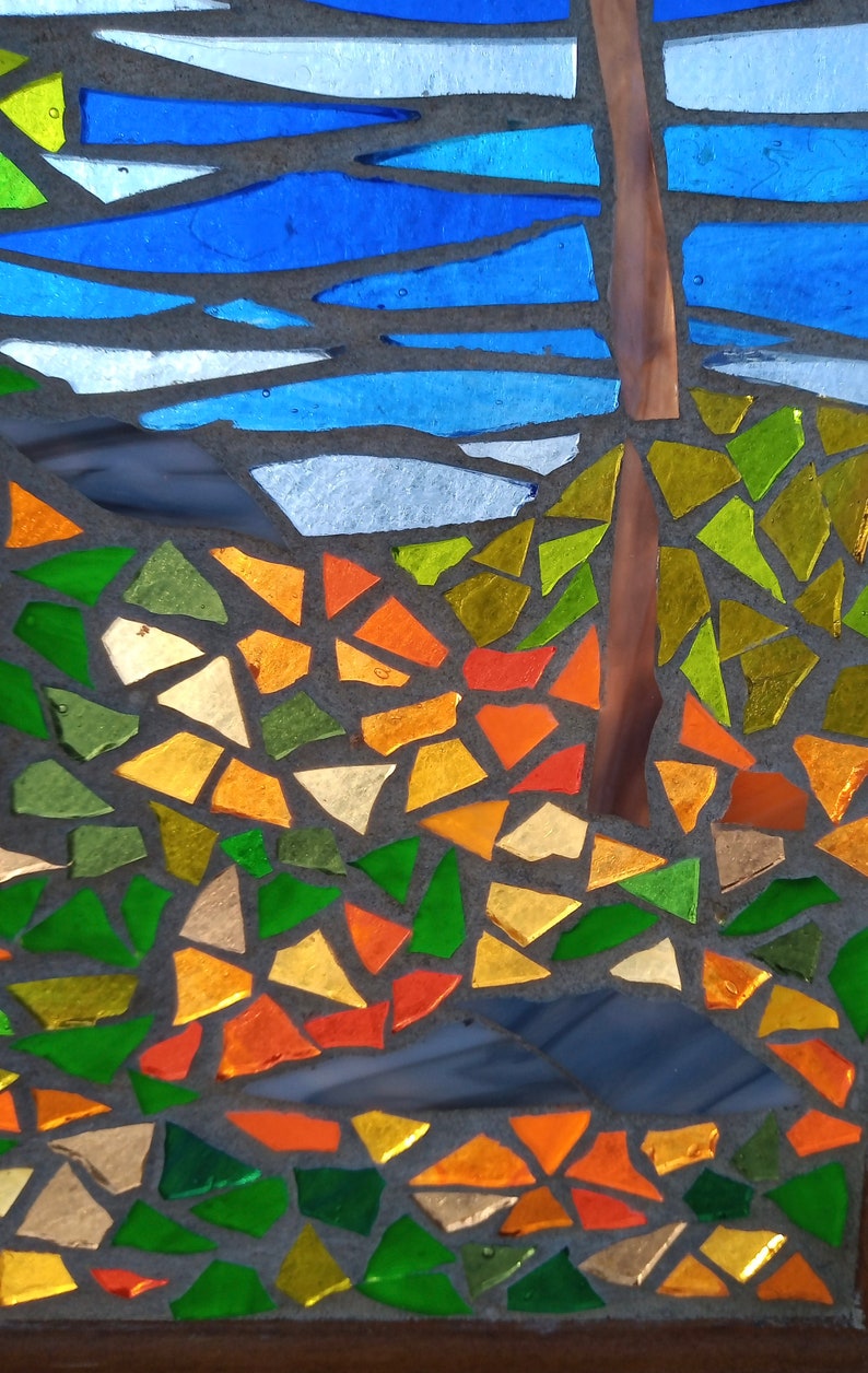 Stained Glass Mosaic Panel Autumn Landscape by River, Artwork for Hanging in a Window, Woodland Trees with Colourful Foliage image 2