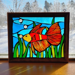 Stained Glass Mosaic Panel: Tropical Fish, Ocean Scene in Upcycled Frame