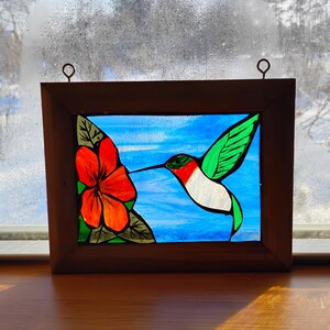 Hummingbird with Hibiscus Flower Stained Glass Mosaic: Sun catcher for Hanging in a Window, 8 3/4" x 6 3/4"