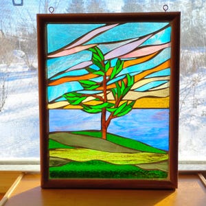 Windswept Pine Tree Stained Glass Mosaic: Artwork for Hanging in Window, 12 " x 15"