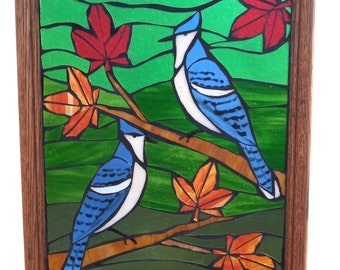 Blue Jays with Fall Maple Leaves Stained Glass Mosaic Panel, Two Bluejay Birds in an Autumn Tree with Colourful Foliage