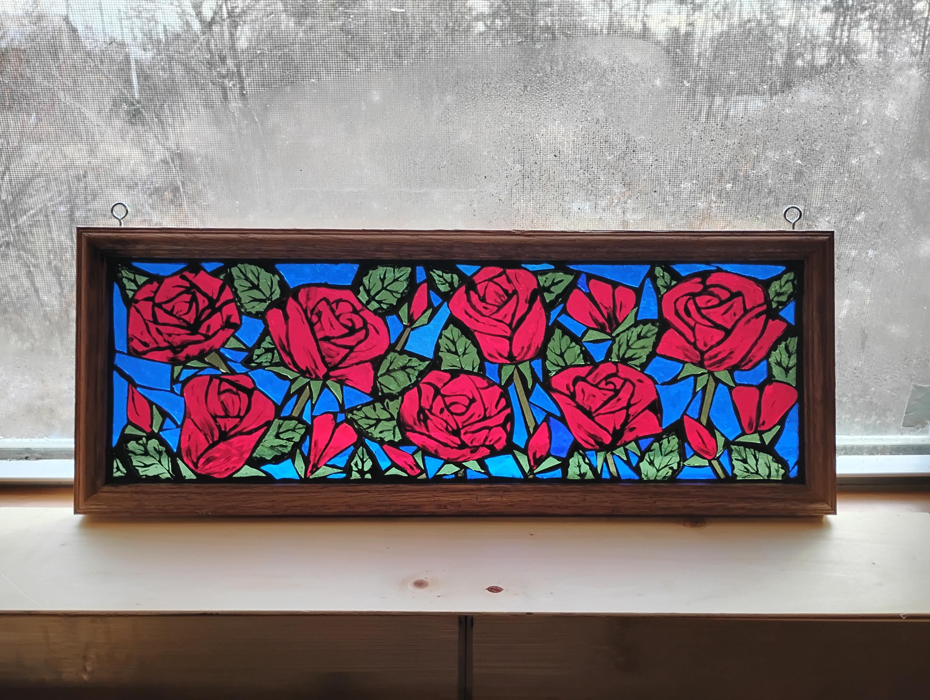 Red Rose Stained Glass Mosaic Panel - Vintage Wood Frame Suncatcher, 7 1/4" x 19 1/4"