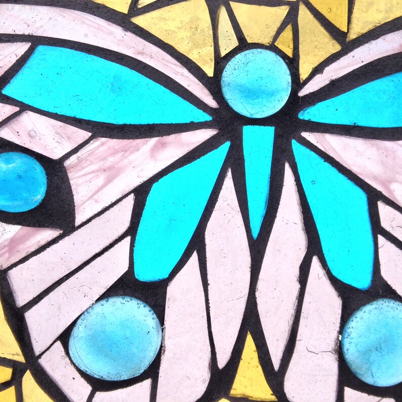 Pastel Insect Artwork Home Decor Turquoise Blue and Pink Stained Glass Butterfly Mosaic Panel for Hanging in Window