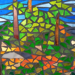 Stained Glass Mosaic Panel Autumn Landscape by River, Artwork for Hanging in a Window, Woodland Trees with Colourful Foliage image 4