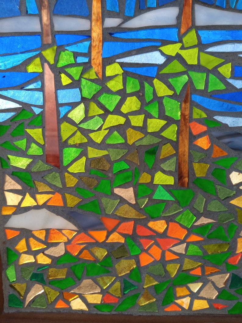 Stained Glass Mosaic Panel Autumn Landscape by River, Artwork for Hanging in a Window, Woodland Trees with Colourful Foliage image 4