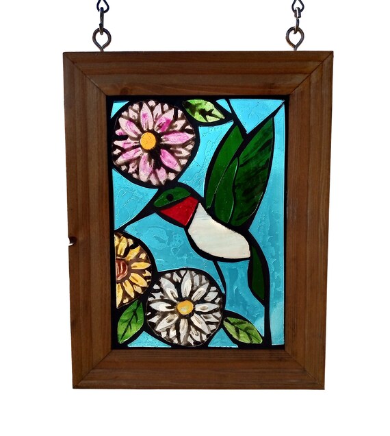 Ruby Throated Hummingbird and Flower Stained Glass Suncatcher