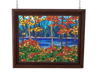 Autumn Landscape by River, Stained Glass Mosaic Panel for Hanging in a Window, Artwork of Woodland Trees with Colourful Foliage