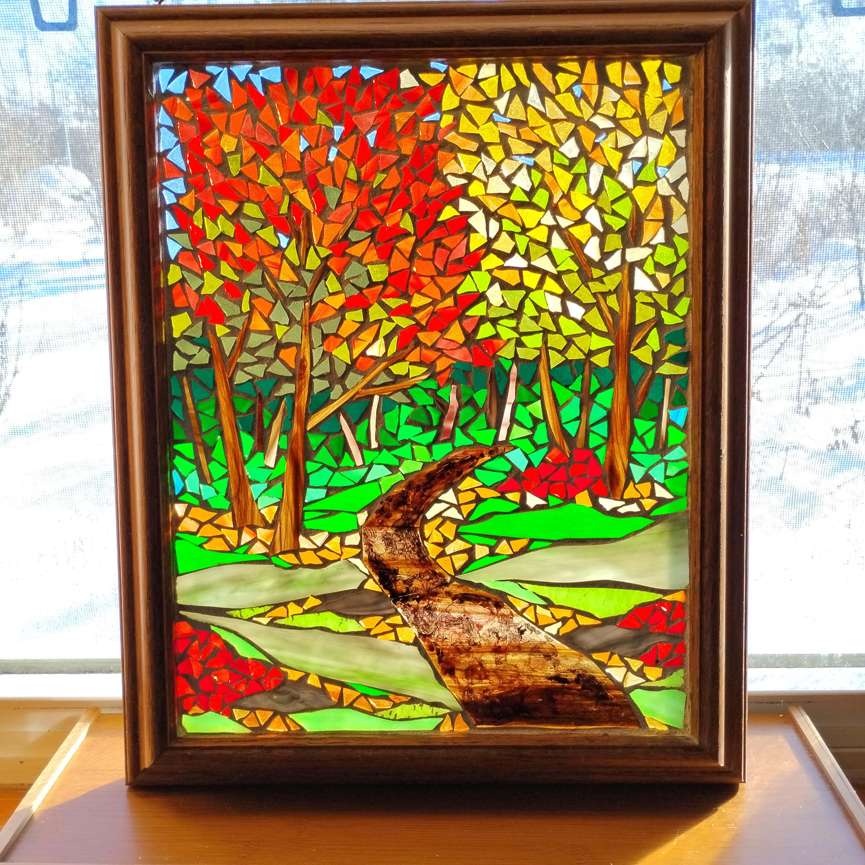 Autumn Forest Path Stained Glass Mosaic: Artwork for Hanging in