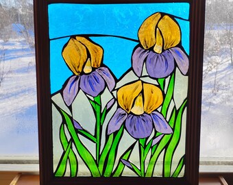 Stained Glass Iris Panel: Hand-Painted Mosaic Art in Reclaimed Wood Frame