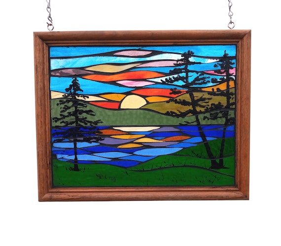 Sunrise at Lake Stained Glass Mosaic Panel for Hanging in Window, Scenic Landscape in Glass with Streaky Sky