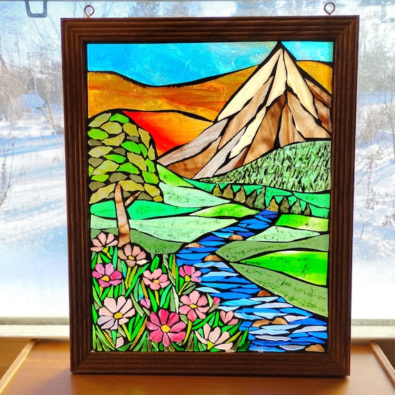 絵画　【Mountain Mosaic】　ロバート・A・ティノ Mountain Meadow Stained Glass Mosaic: Sunrise Landscape Artwork