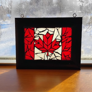 Canada Flag Stained Glass Suncatcher: Maple Leaf Mosaic Window Hanging