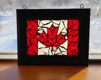 Canada Flag Stained Glass Suncatcher: Maple Leaf Mosaic Window Hanging