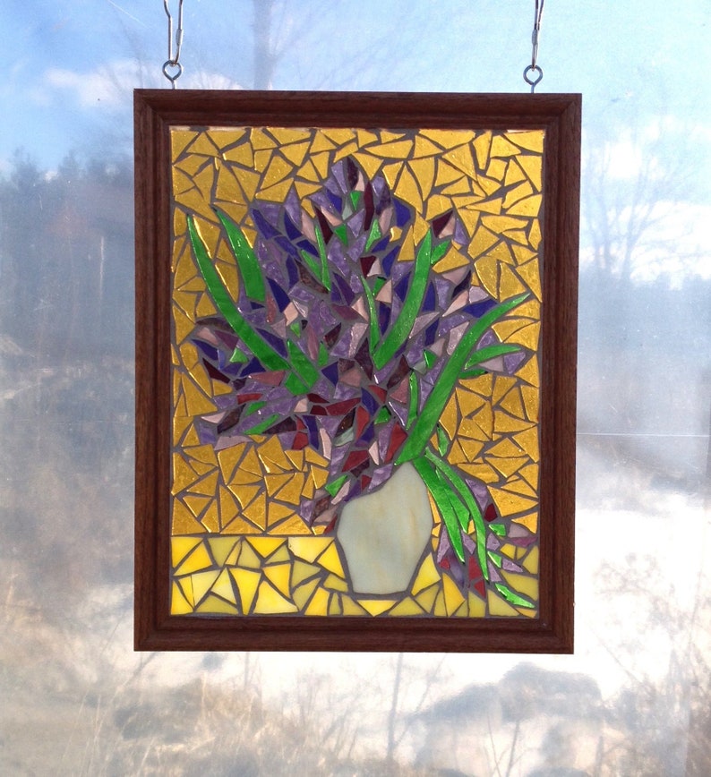 Van Gogh Purple Irises In A Vase Stained Glass Mosaic Panel Etsy