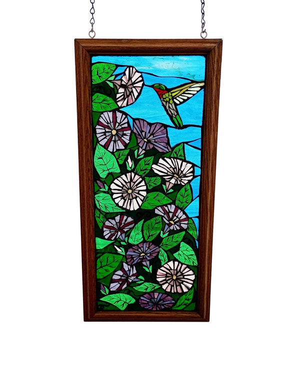 Hummingbird Stained Glass Mosaic Panel, Morning Glory Flowers with Ruby Throated Bird Suncatcher, Narrow Window Hanging, Gift for Gardener