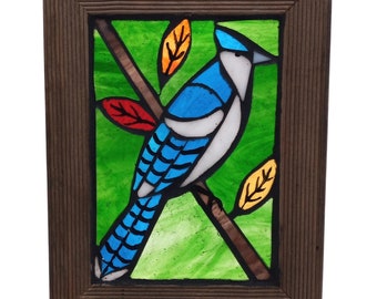 Blue Jay Stained Glass Mosaic Suncatcher for Window, Fall leaves with Bluejay Bird,  Woodland Scene Hanging Decor