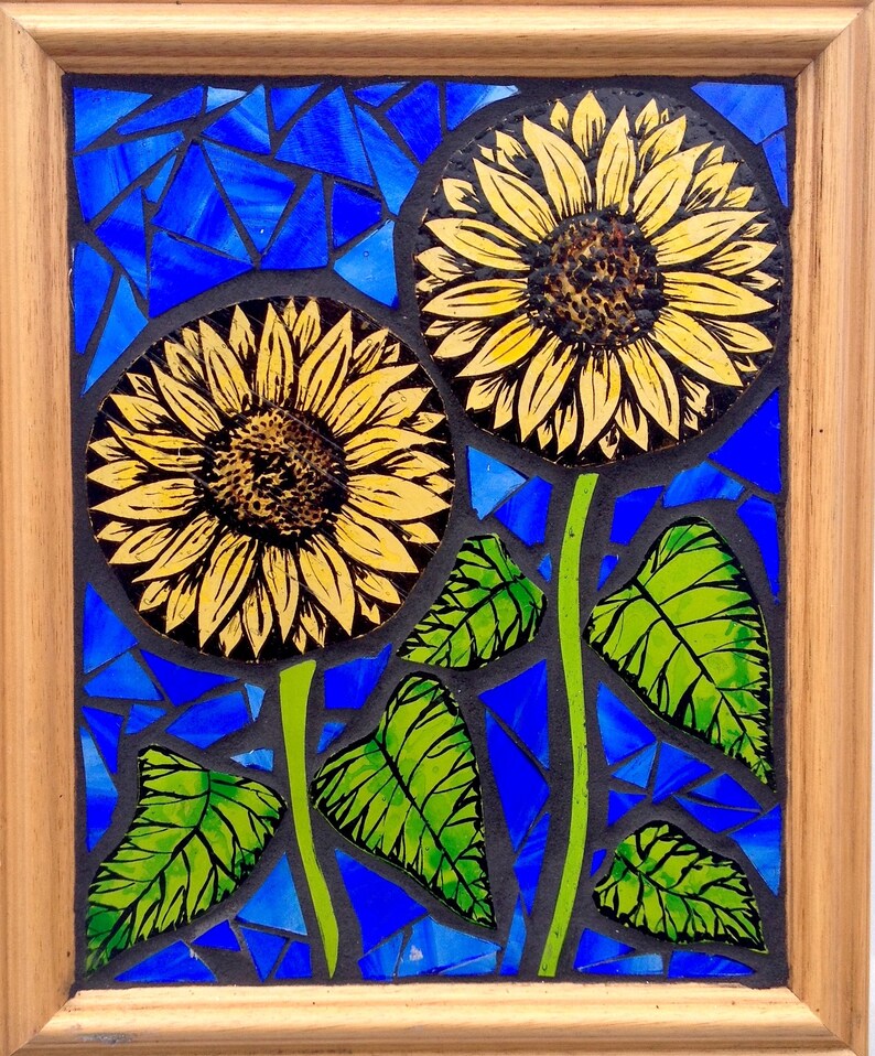 Sunflower Stained Glass Panel Hand Painted Mosaic Sunflowers Etsy
