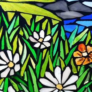 Mountain Meadow Stained Glass Mosaic Panel for Hanging in a Window, Landscape with Evergreens, daisies and orange wildflowers and a stream image 6