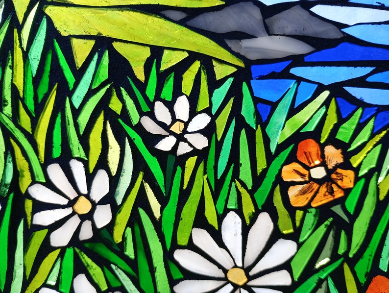 Mountain Meadow Stained Glass Mosaic Panel for Hanging in a Window, Landscape with Evergreens, daisies and orange wildflowers and a stream image 6