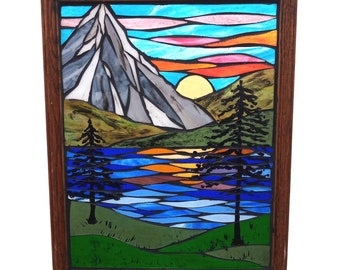 Mountain Lake Sunrise Stained Glass Mosaic Panel for Hanging in Window, Scenic Landscape in Glass with Evergreens and Colourful Sky