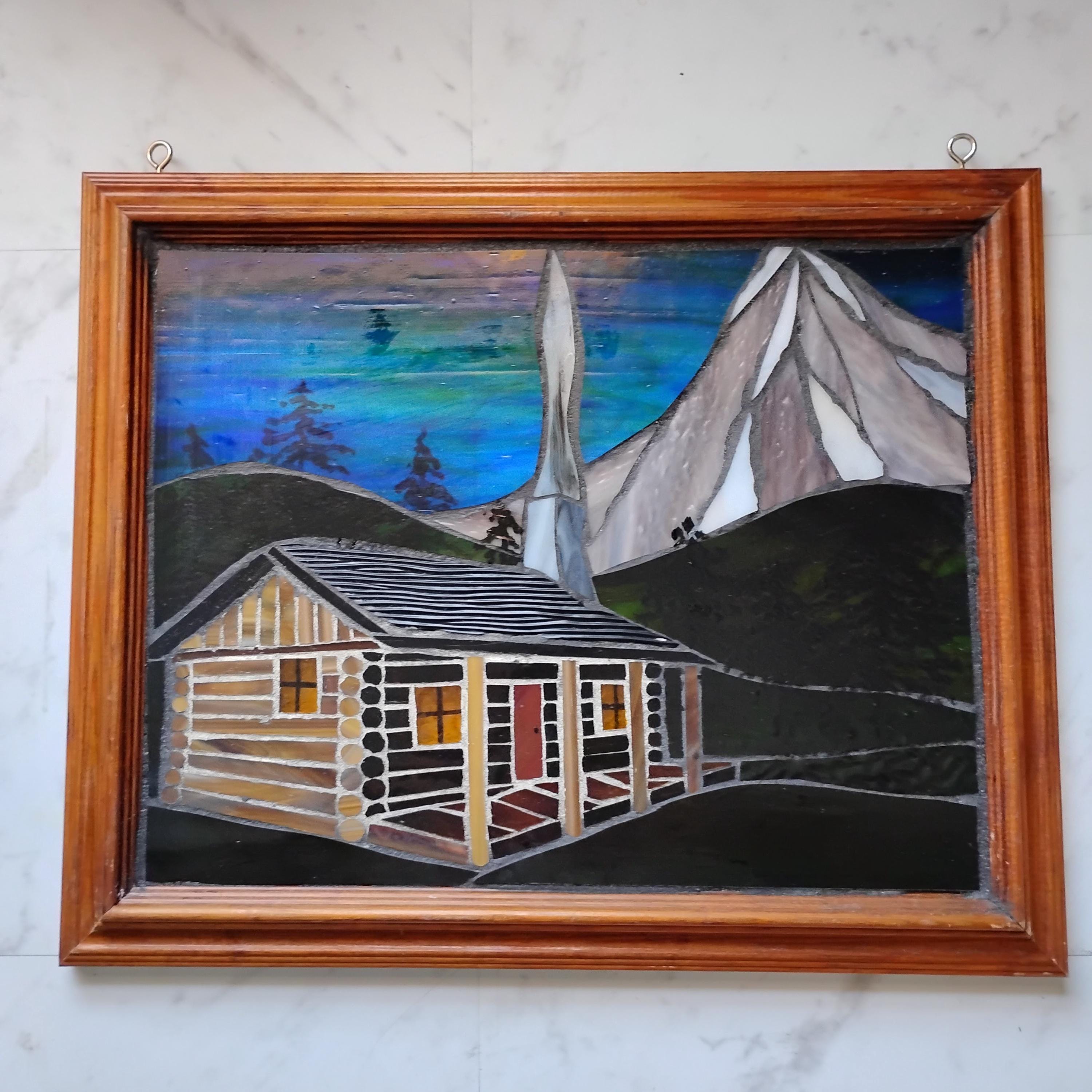 Log Cabin in Mountains Stained Glass Mosaic: Artwork for Hanging