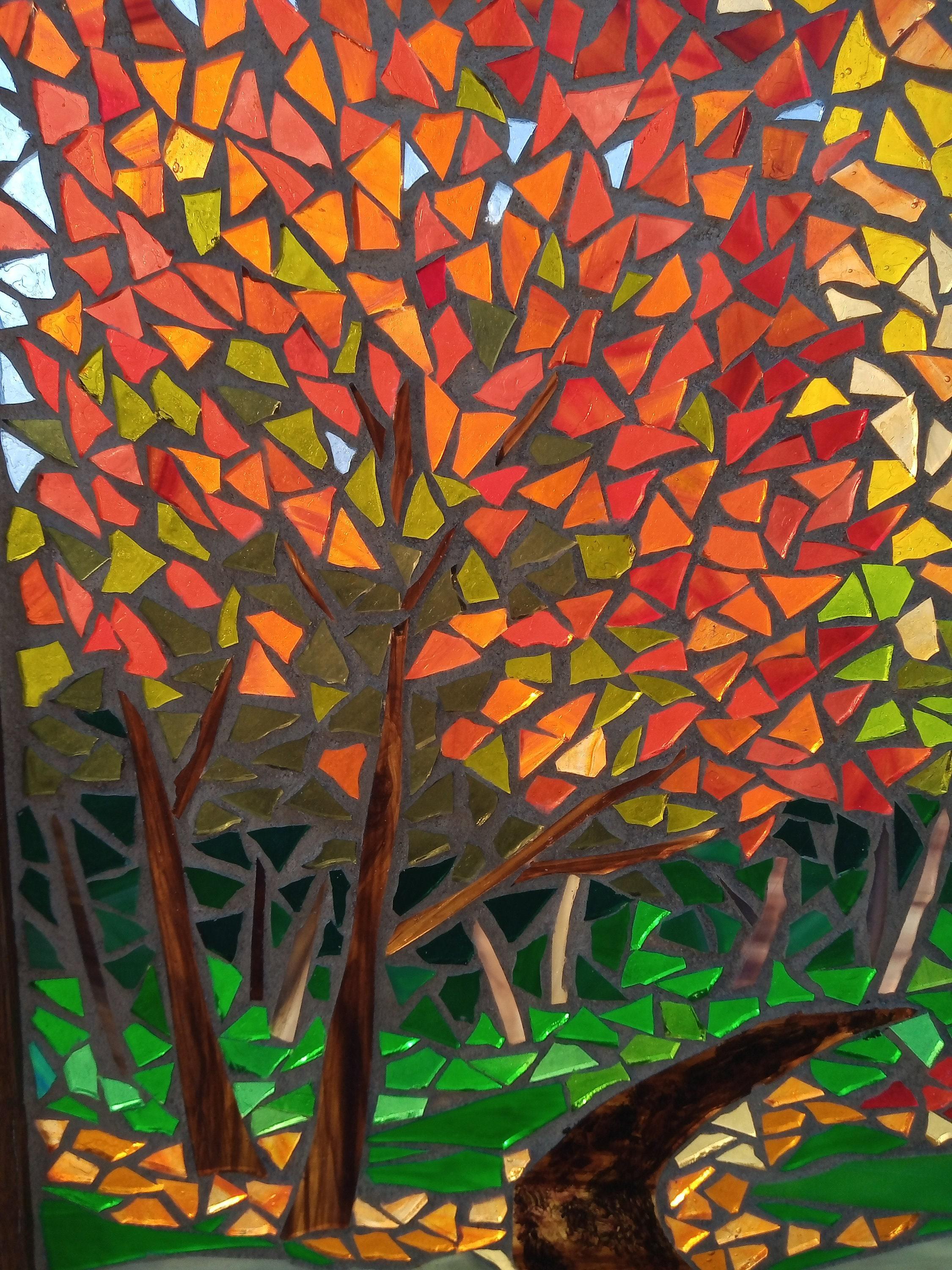 Autumn Forest Path Stained Glass Mosaic: Artwork for Hanging in