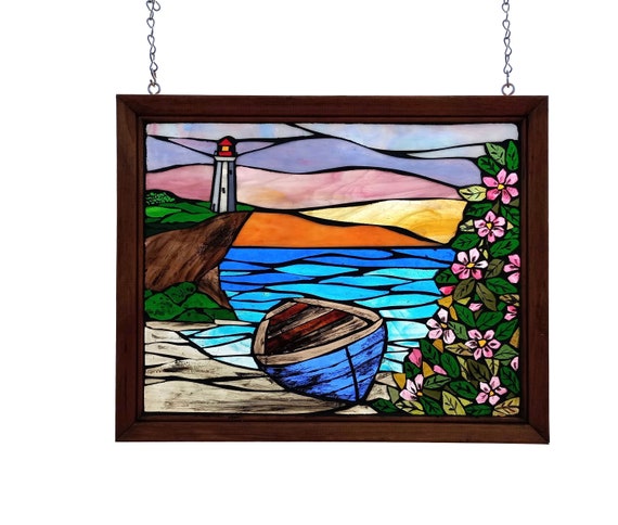 Ocean Landscape with Rowboat and Lighthouse Stained Glass Mosaic Panel for Hanging in Window, Seaside Wild Roses and Sunrise, Cottage decor