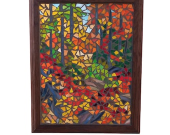 Autumn Forest Landscape Stained Glass Mosaic Panel for Hanging in a Window, Artwork of Woodland Trees with Colourful Foliage