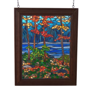 Stained Glass Mosaic Panel Autumn Landscape by River, Artwork for Hanging in a Window, Woodland Trees with Colourful Foliage image 1