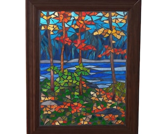 Stained Glass Mosaic Panel Autumn Landscape by River, Artwork for Hanging in a Window, Woodland Trees with Colourful Foliage