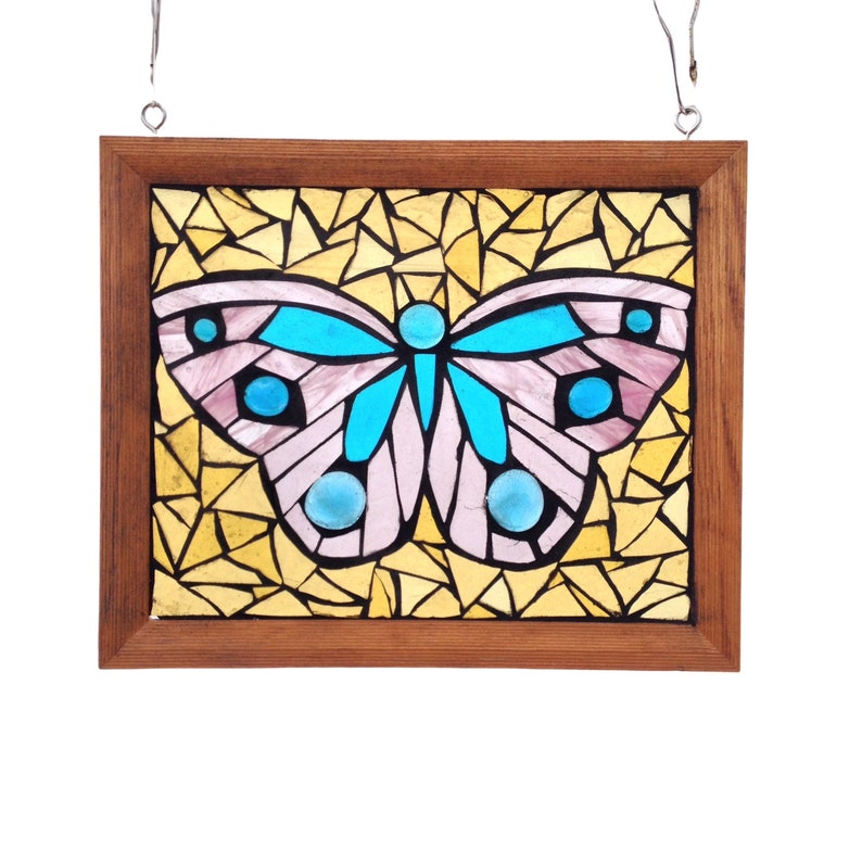 Pastel Insect Artwork Home Decor Turquoise Blue and Pink Stained Glass Butterfly Mosaic Panel for Hanging in Window