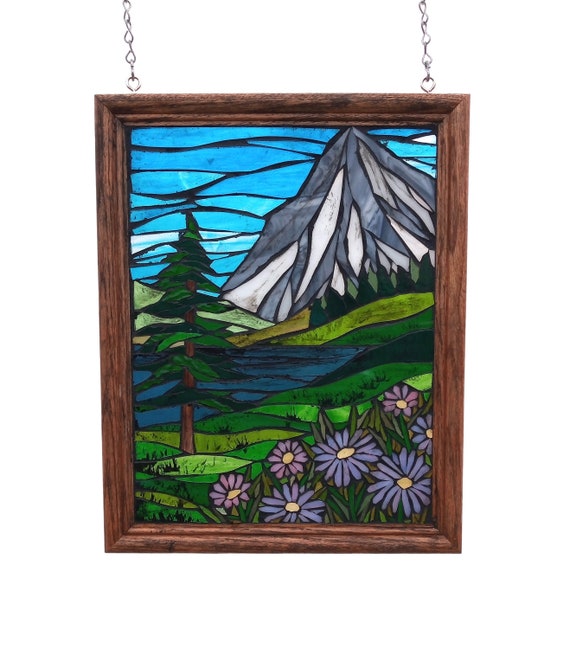 Summertime Mountain Landscape Stained Glass Mosaic Panel for Hanging in a Window, Lake with Evergreens and Pink Daisies