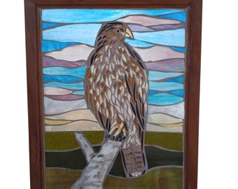 Red Tailed Hawk Stained Glass Mosaic Artwork, Bird Panel for Hanging in Window, Bird of Prey with Pink Sunrise sky Glass Art