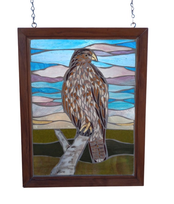 Red Tailed Hawk Stained Glass Mosaic Artwork, Bird Panel for Hanging in Window, Bird of Prey with Pink Sunrise sky Glass Art