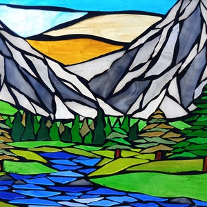 Mountain Meadow Stained Glass Mosaic Panel for Hanging in a Window, Landscape with Evergreens, daisies and orange wildflowers and a stream image 3