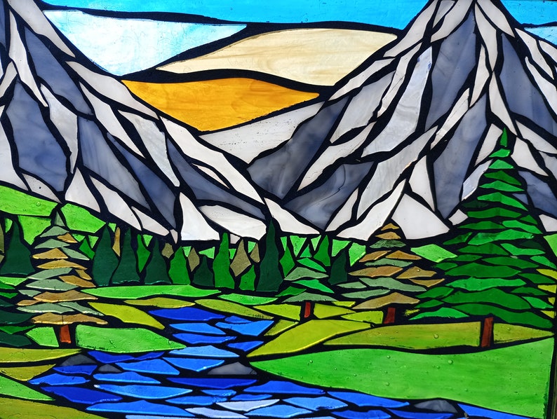 Mountain Meadow Stained Glass Mosaic Panel for Hanging in a Window, Landscape with Evergreens, daisies and orange wildflowers and a stream image 3
