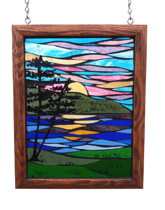 Colourful Sunrise at Lake Stained Glass Mosaic Panel for Hanging in Window, Scenic Landscape in Glass with Evergreens