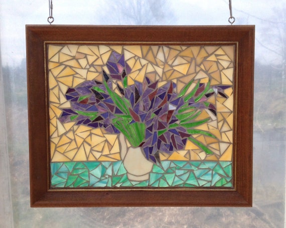 Van Gogh Stained Glass Mosaic Panel Purple Irises In Vase Etsy