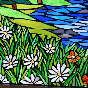 Mountain Meadow Stained Glass Mosaic Panel for Hanging in a Window, Landscape with Evergreens, daisies and orange wildflowers and a stream image 5