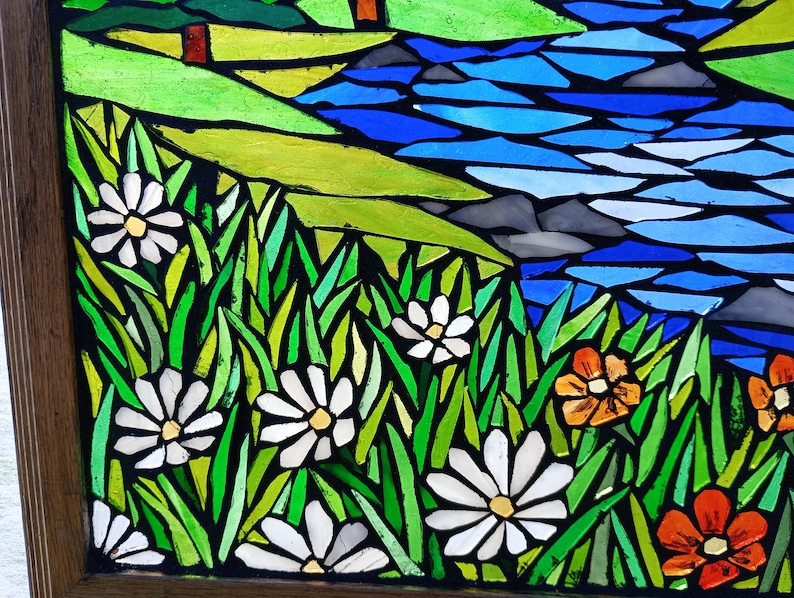 Mountain Meadow Stained Glass Mosaic Panel for Hanging in a Window, Landscape with Evergreens, daisies and orange wildflowers and a stream image 5